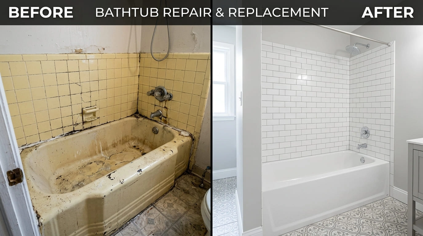 Bathtub repair replacement before and after warranty-backed work by Olde Arva Plumbing Arvada CO