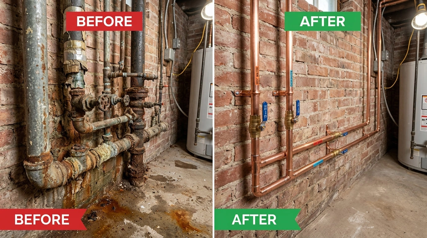 Pipe repiping repair and replacement before and after for pre-1950 Arvada homes by Olde Arva Plumbing
