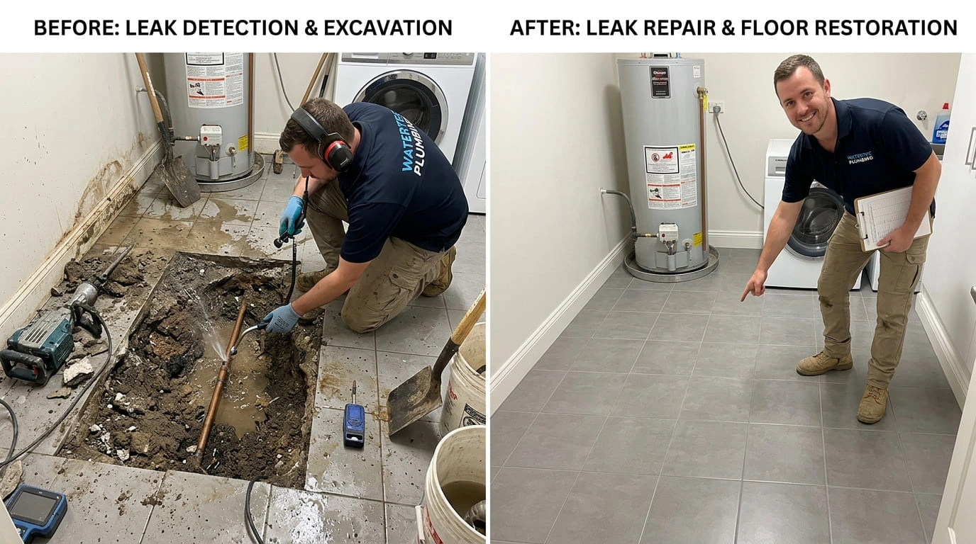 Slab leak repair before and after emergency water damage restoration Arvada CO by Olde Arva Plumbing
