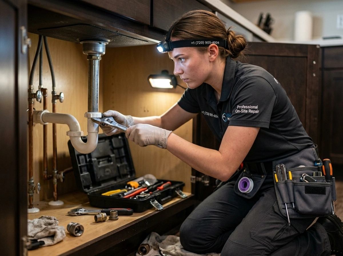 Under sink kitchen pipe repair for commercial plumbing in Olde Town Arvada CO by Olde Arva Plumbing