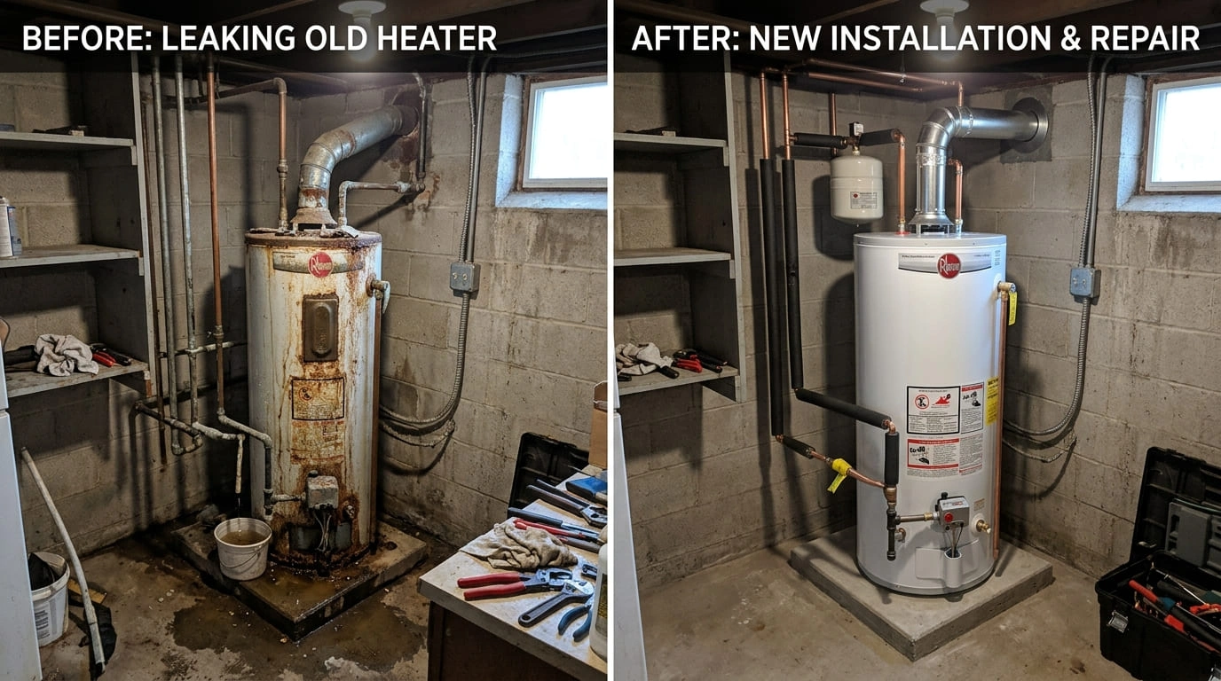 Water heater replacement repair before and after documentation Olde Arva Plumbing Arvada CO